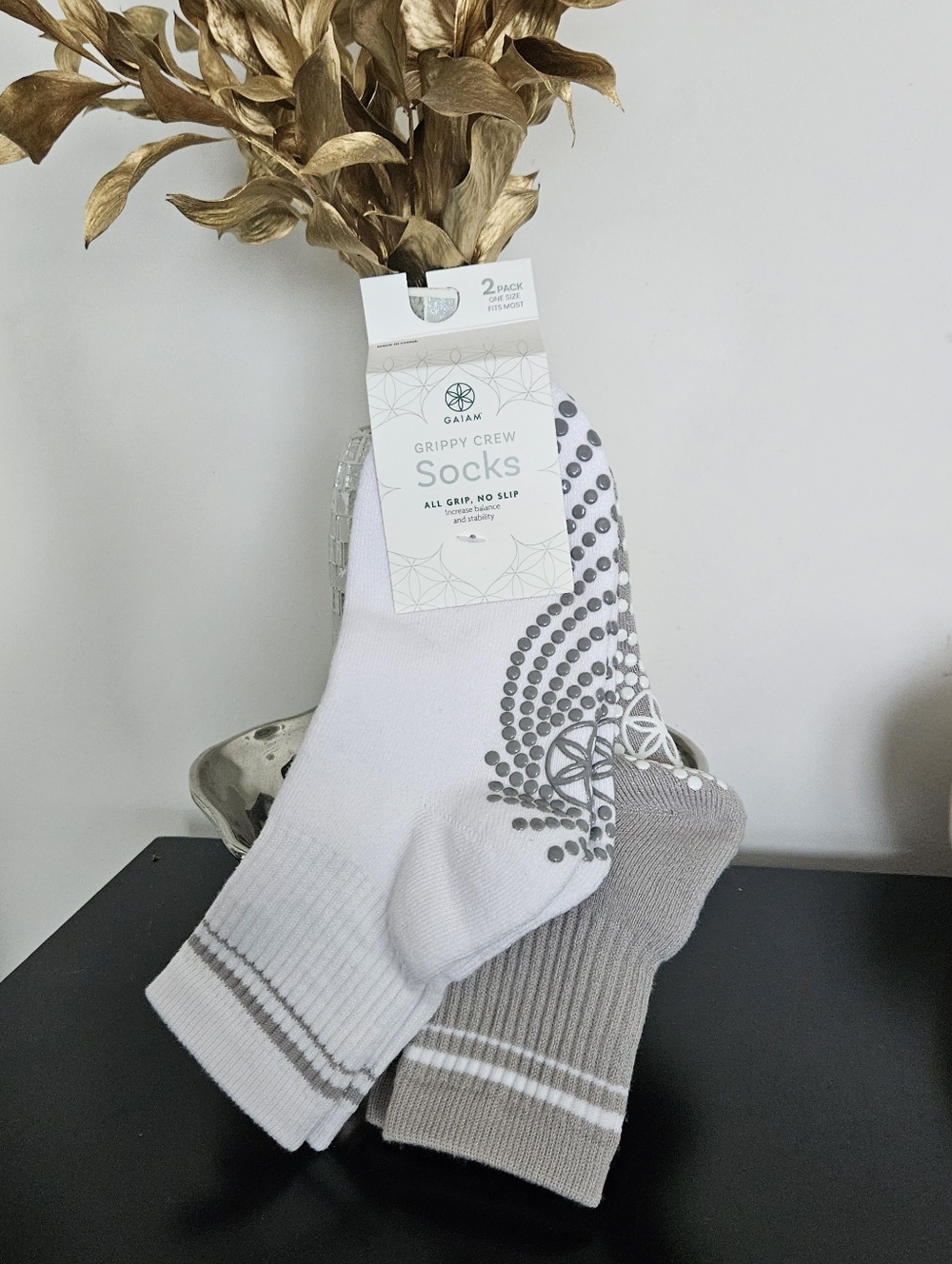 GAIAM Grippy Crew Athletic Socks — White and Gray 2-Pack, NWT. (Yoga, Pilates)